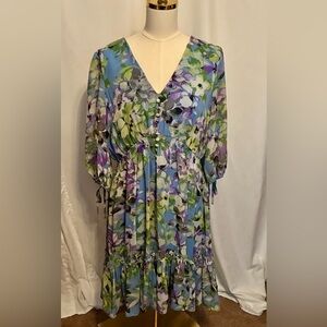 Blue, Green, Lavender Floral V-Neck Mini Dress